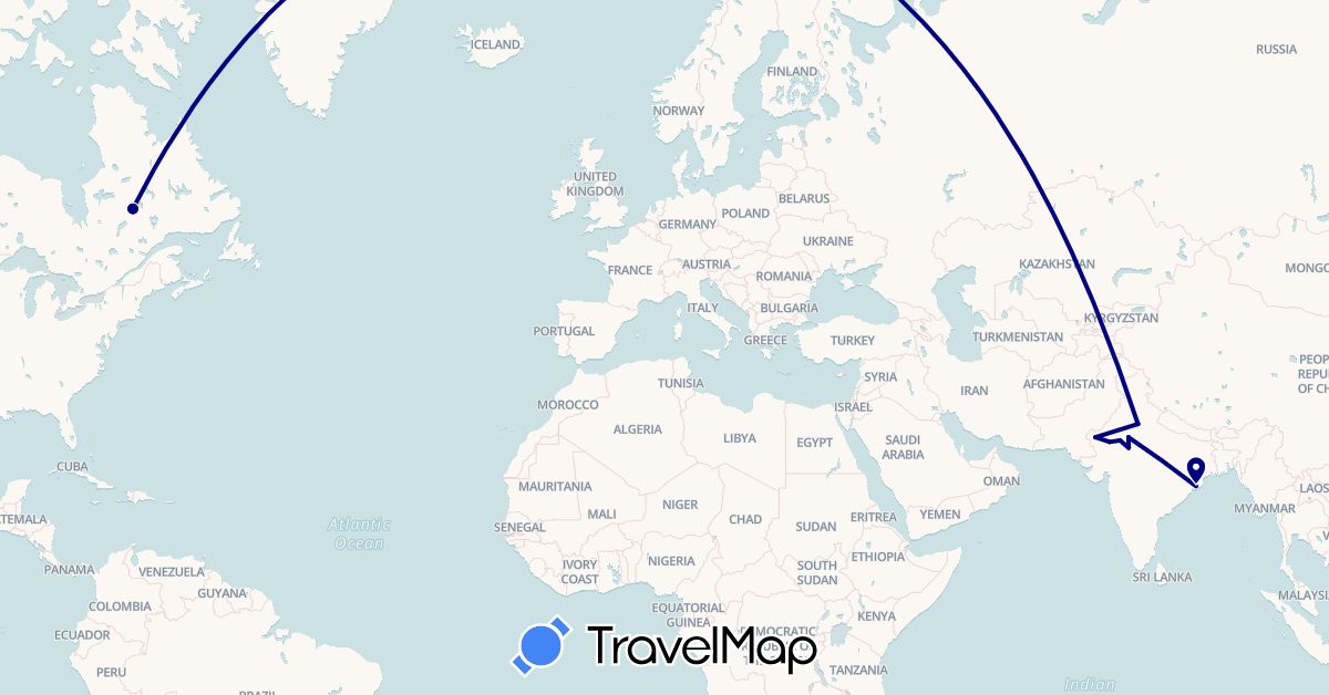 TravelMap itinerary: driving in Canada, India (Asia, North America)